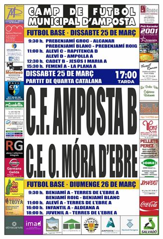 Jornada 22 QUARTA CATALANA GRUP 20. Dissabte 25 de mar 17:00 hores: CF AMPOSTA B - CE OLMPIC MRA DEBRE